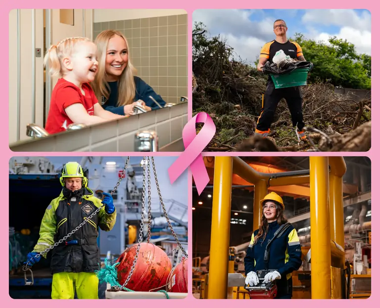 Fjórir sjóðfélagar Gildis við störf: á leikskóla, hjá Sorpu, á sjó og í álveri, í bleikum ramma með bleikri slaufu