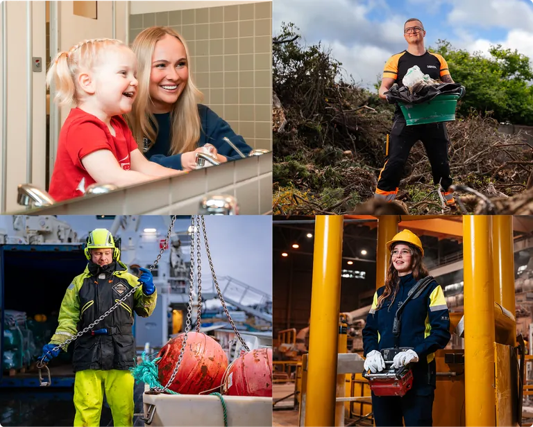 Fjórir sjóðfélagar Gildis við störf: á leikskóla, hjá Sorpu, á sjó og í álveri